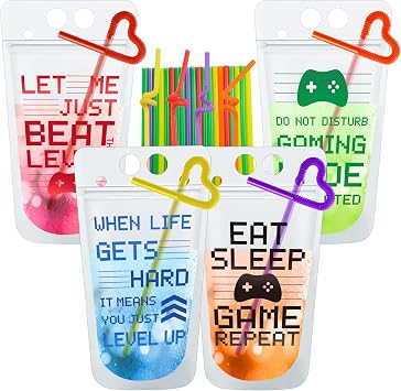 24 Pcs Video Game Party Favors Cups Video Gaming Themed Plastic Drink Pouches with Straws Clear Zipper Bags Reusable Pouches for Birthday Decor Party Favors Gift Prizes Red/blue/green/orange