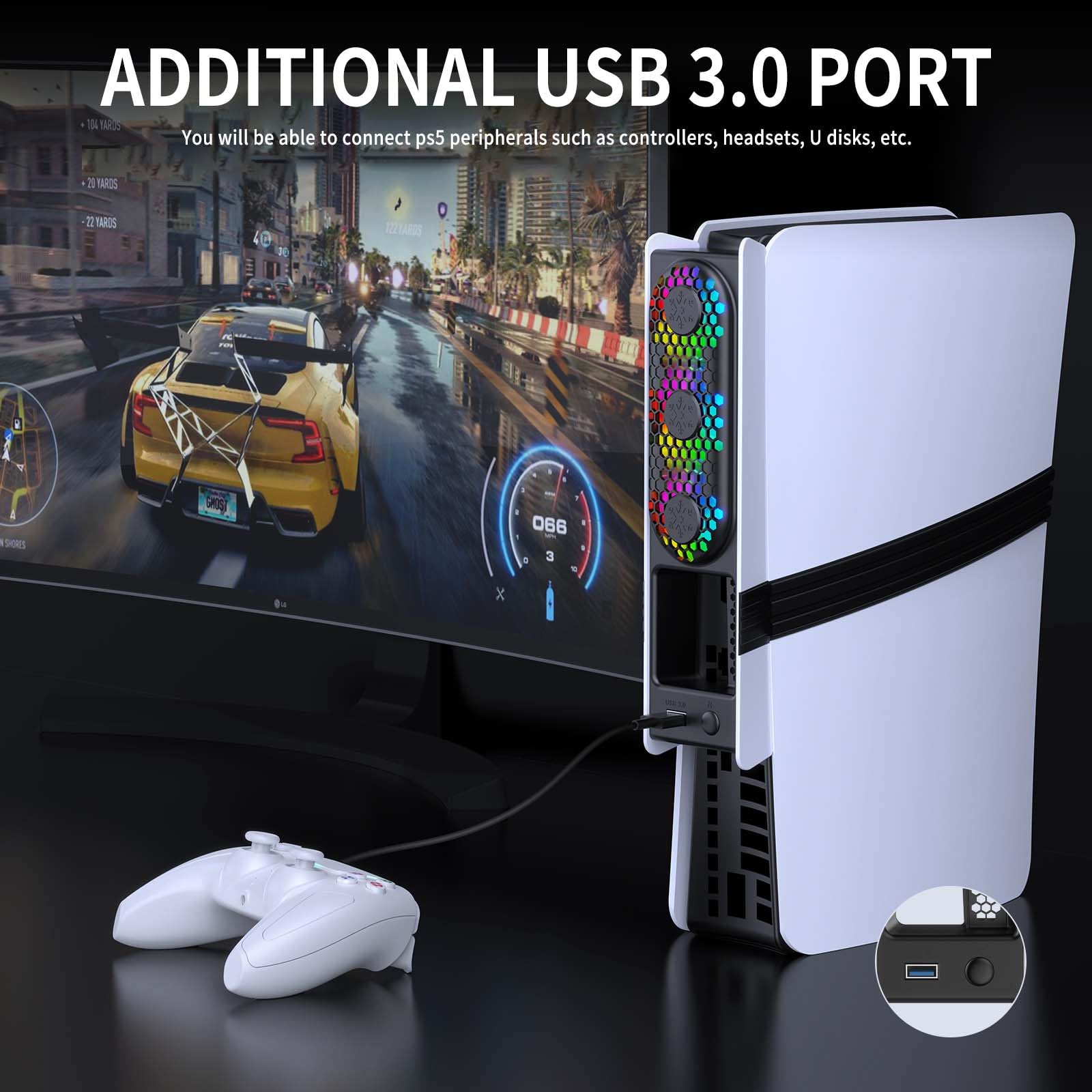 Ventilateur de refroidissement pour PS5 Pro/PS5 Slim, Refroidissement haute vitesse avec contrôle automatique de la température, faible bruit, éclairage RVB et port USB 3.0 pour les