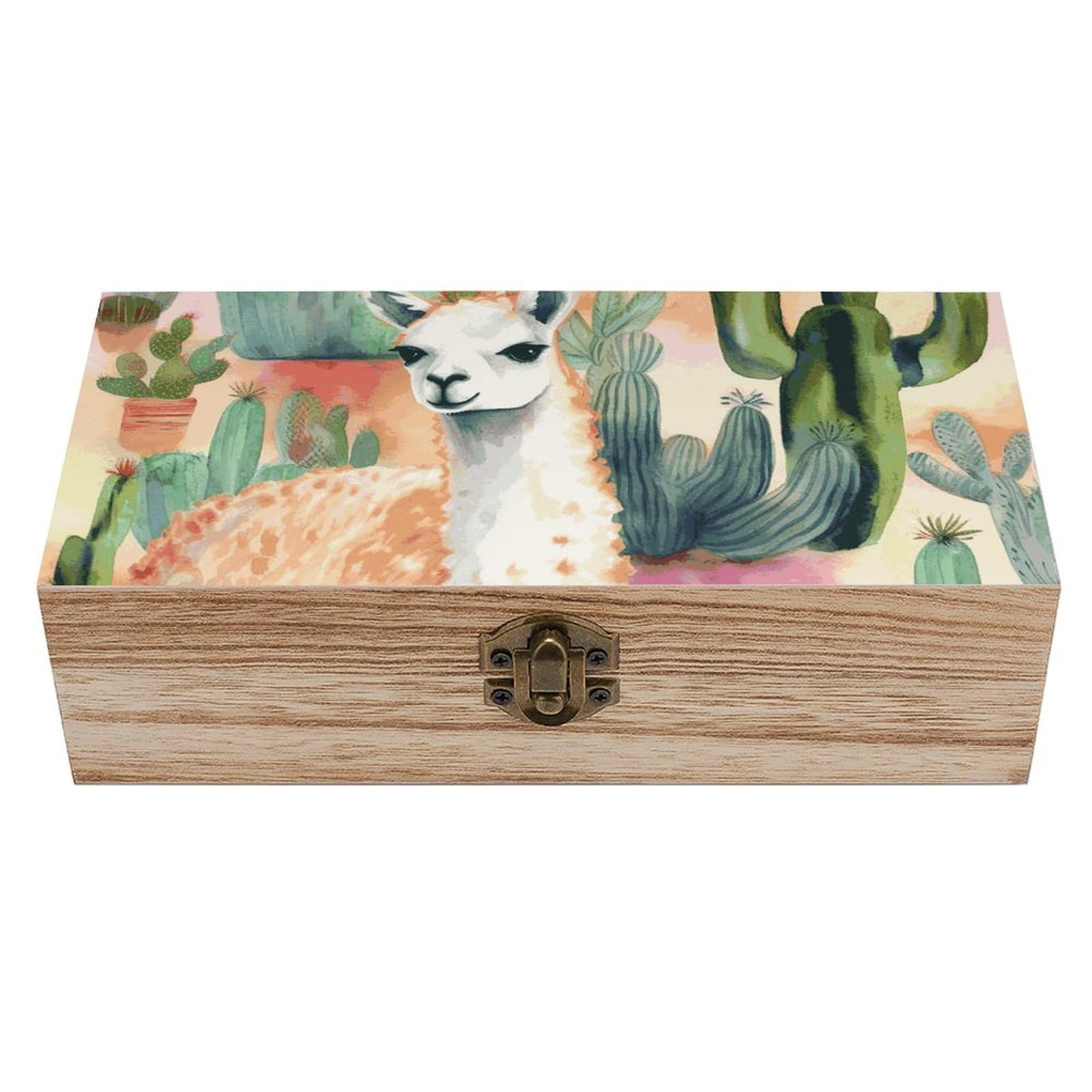 Boîte de rangement en bois blanc avec couvercle à motif cactus et alpaga pour bijoux