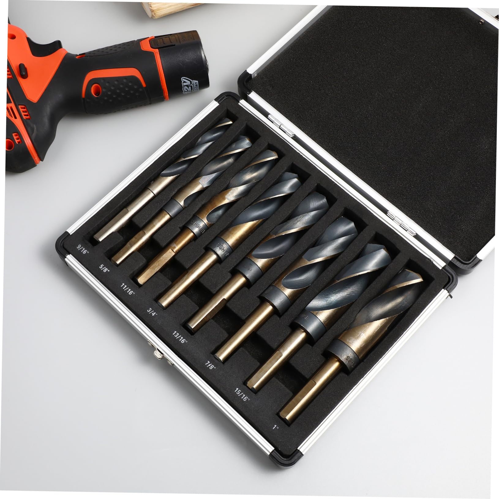ORFOFE Lot de 8 Forets à Métaux Hélicoïdaux en Acier Noir, Usage, Rangement Pratique en Boîte Aluminium, 14mm à 25mm