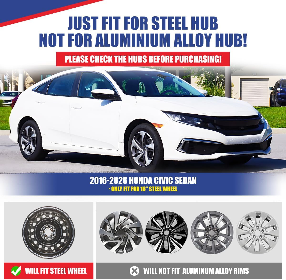 16 Inch Hubcaps Fit for 2016-2026 Honda Civic[2016 2017 2018 2019 2020 2021 2022 2023 2024 2025 2026] Honda Civic Sedan Wheel Covers,[Only Fit Iron Hub - Steel Wheel](Silver Lacquer & Black Lacquer)