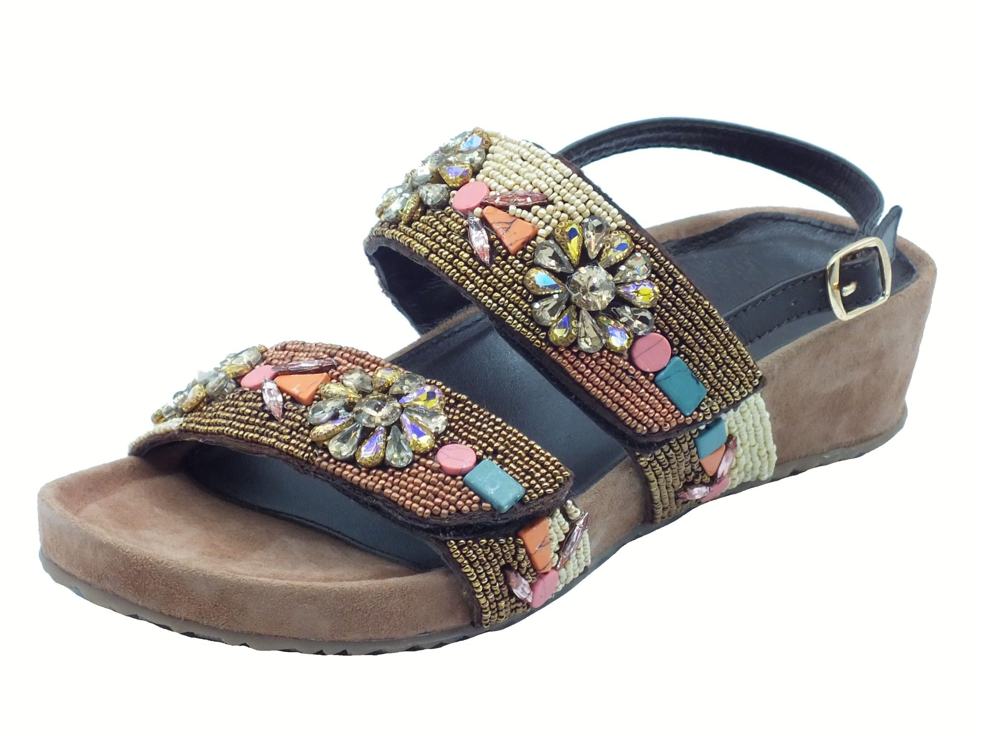 IT1031 Brown Multi Sandali per Donna con Perline Multicolore Doppio Strappo Zeppa Media