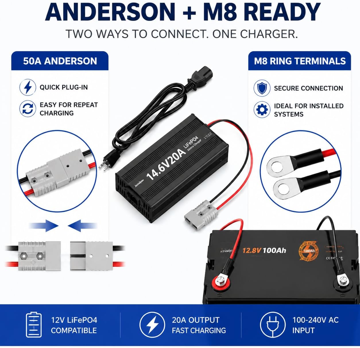 12V 20A Lithium Battery Charger, 14.6V Output AC-DC, 0V Activation