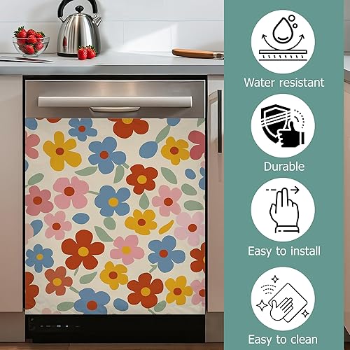 Miniatura 4 de Cubierta decorativa de imanes para lavavajillas de los años 70, diseño floral retro, impermeable, magnético, para lavavajillas, cubierta magnética