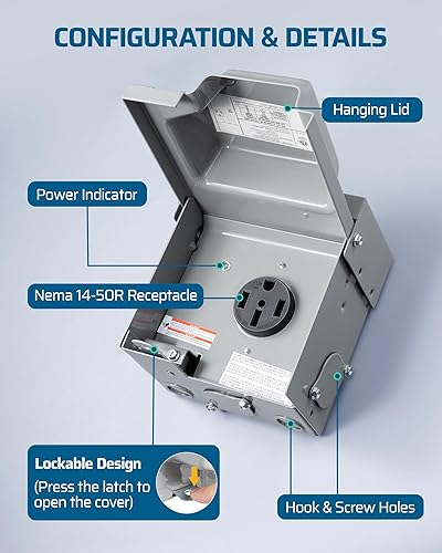 Miniatura 7 de DEWENWILS Caja de toma de corriente RV de 50 amperios, 125 V250 V, NEMA 14-50R, salida cerrada y con cerradura, resistente a la intemperie, toma de