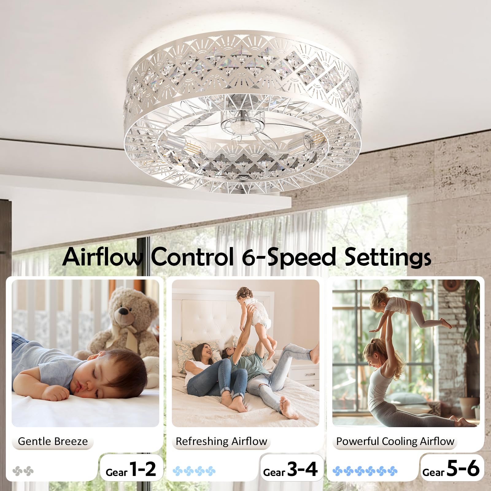 FIMEI Ventilatori da Soffitto con Luce, Ventilatore a 6 Velocità & Luce a Regolazione Continua, Telecomando & APP, Illuminazione Moderna per Soggiorno, Sala da Pranzo, Camera da Letto (S2-Argento)