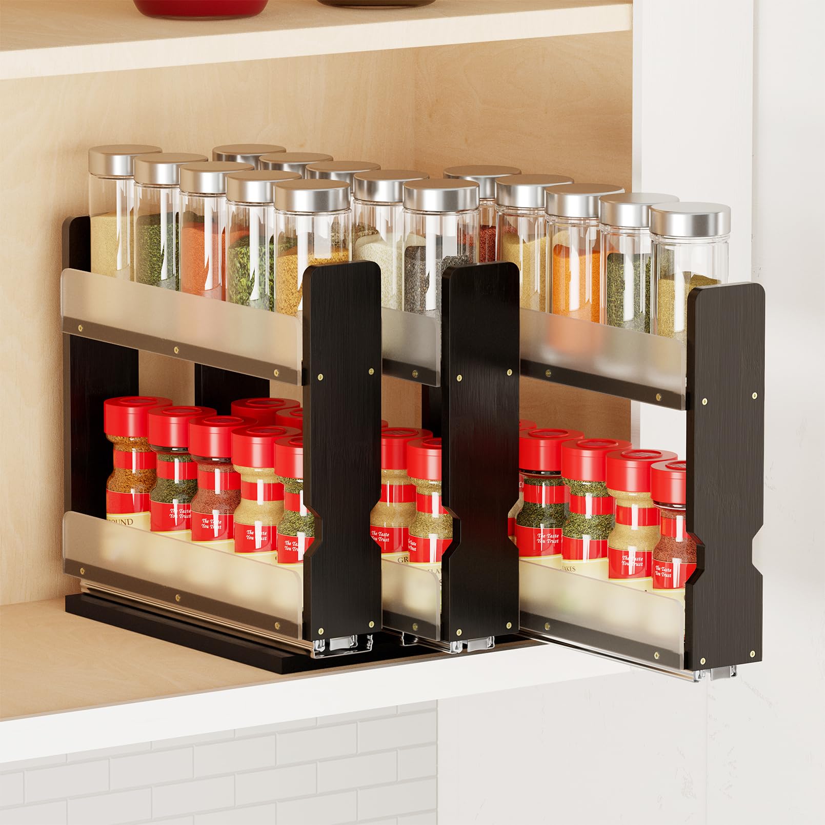 Photo 1 of ** NOT FUNCTIONAL** ***08/01 SOLD FOR PARTS // FINAL SALE ***SpaceAid Bamboo Pull Out Spice Rack Organizer for Cabinet, Heavy Duty Slide Out Seasoning Kitchen Pantry Sliding Vertical Organization, 7.6" Wide, 3 Drawers(2" Wide), 2-Tier, Black