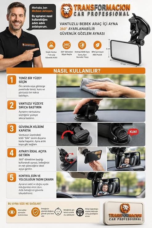 Transformacion Babypoint Vantuzlu Bebek Araç İçi Ayna 360° Ayarlanabilir Güvenlik Gözlem Aynası 428863