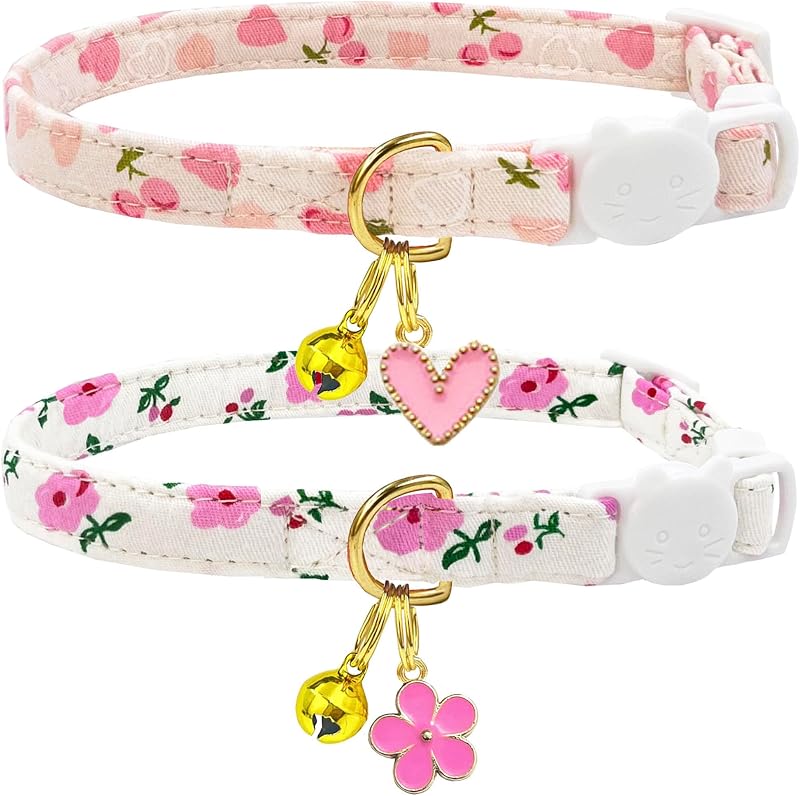Coleira para Gatos de Algodão com Fivela de Segurança, Sino e Pingente Floral PETS ARE FUN, Pacote com 2 + Brinquedo de Rato