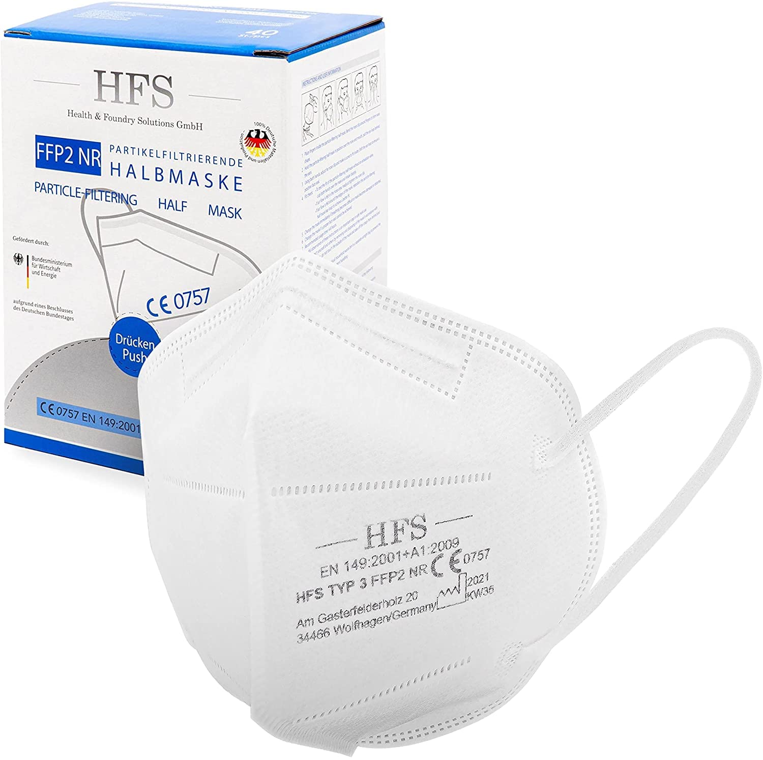HFS - Partikelfiltrierende Halbmaske | FFP2 Masken zertifiziert aus Deutschland mit weichem Gummiband | 40er Pack