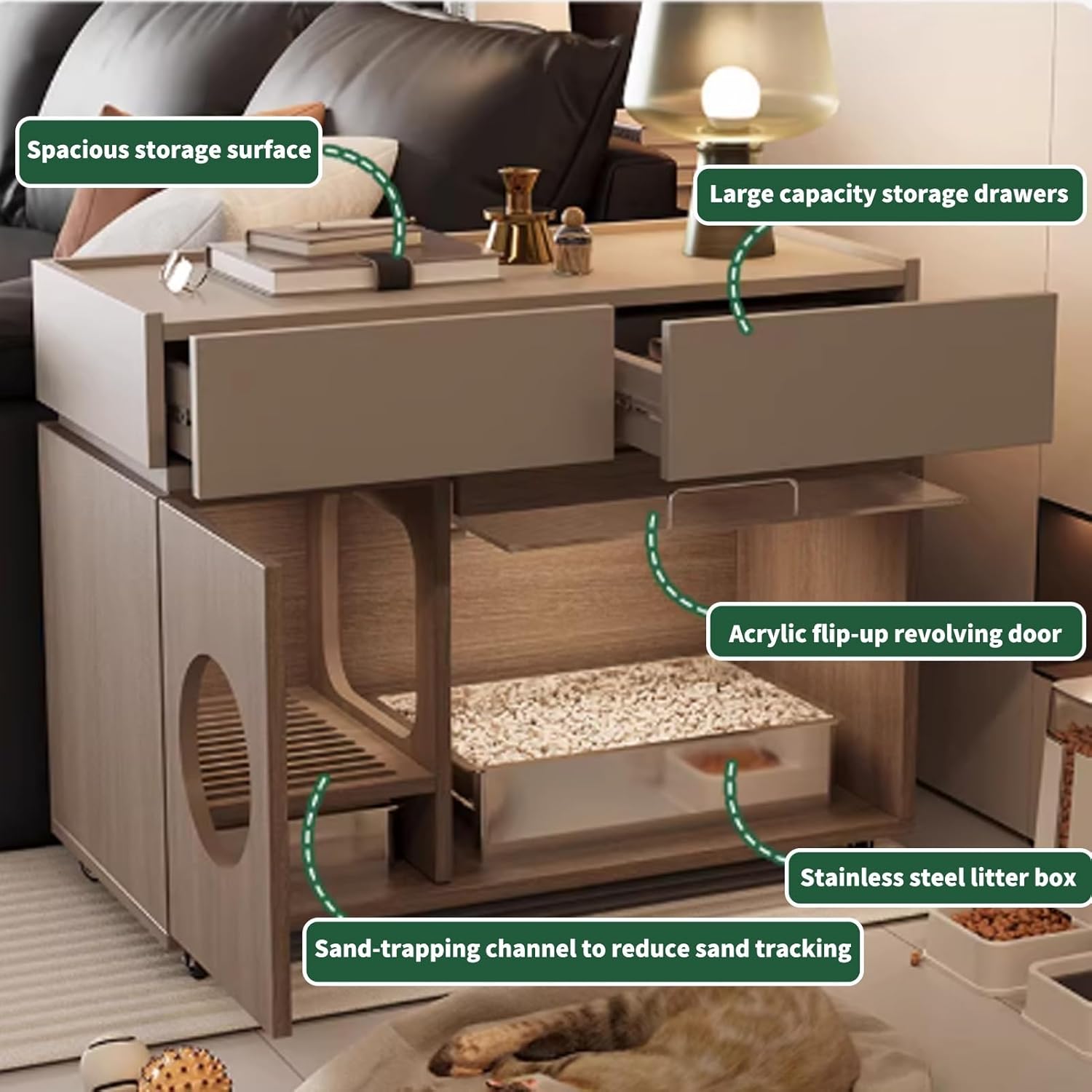 Cat Litter Box Enclosure Furniture Side Table, Movable Hidden Litter Box Cabinet with 2 Storage Drawer, Washroom Toilet Easy Access Door for Indoor Use(Brown)