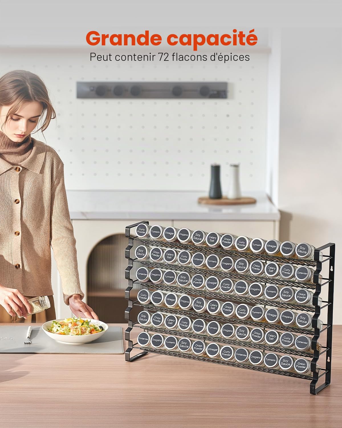 VEVOR Étagère à épices pour armoire, avec 72 pots à épices vides, couvercles, étiquettes et entonnoir, ensemble complet, organiseur d'assaisonnement pour comptoir, cuisine, garde-manger, placard, noir