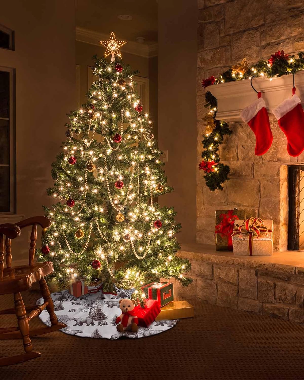 Christmas Tree Skirt, Farmhouse Forest Bear Christmas Tree Skirts Ornaments Décor, Rustic Black Animals Silhouette Xmas Tree Skirt Mat Decorations for Holiday Party Indoor Outdoor 48 Inch