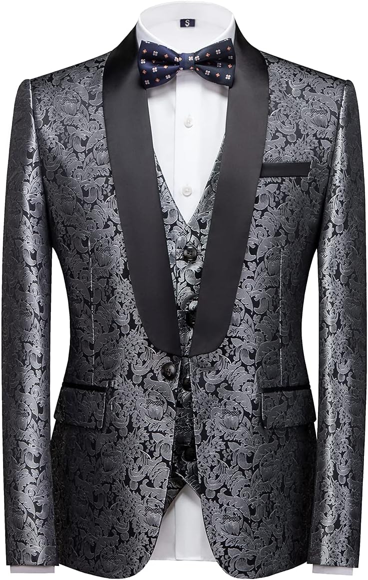 KUDORO Mens Suits Slim Fit 3 Piece Tuxedo Suit Set for Prom Wedding Party Paisley Jacket Vest Pants Homecoming Outfit - Image 2