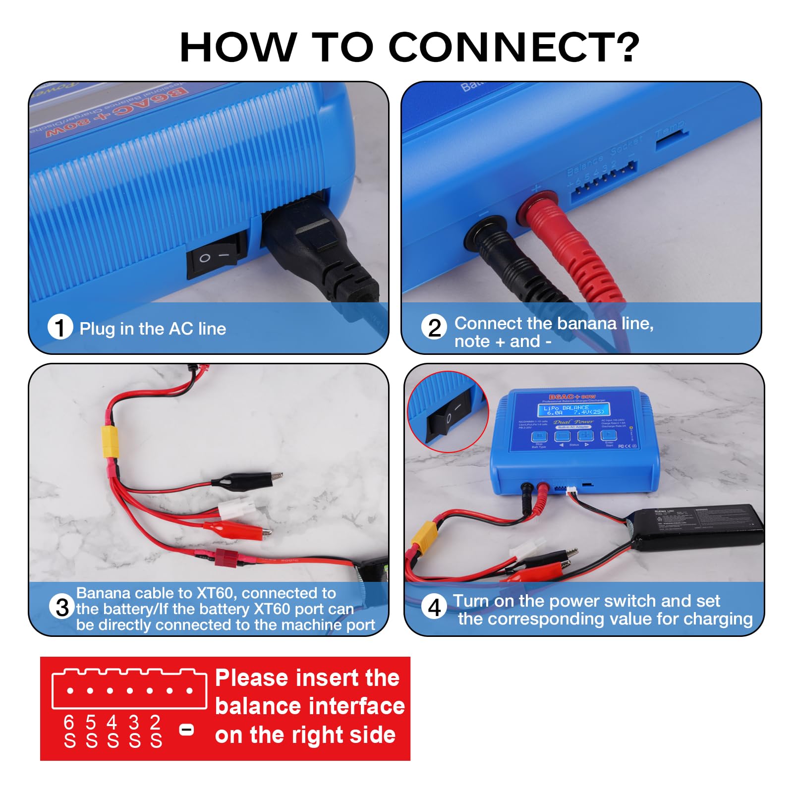 B6 Lipo ładowarka RC Balanced Fast Battery Charger 80 W 6A Smart Digital Battery Pack ładowarka do akumulatorów 1S-6S LiPo Life Li-Ion 1-15S NiCD NiMH PB Smart RC Car (niebieska)