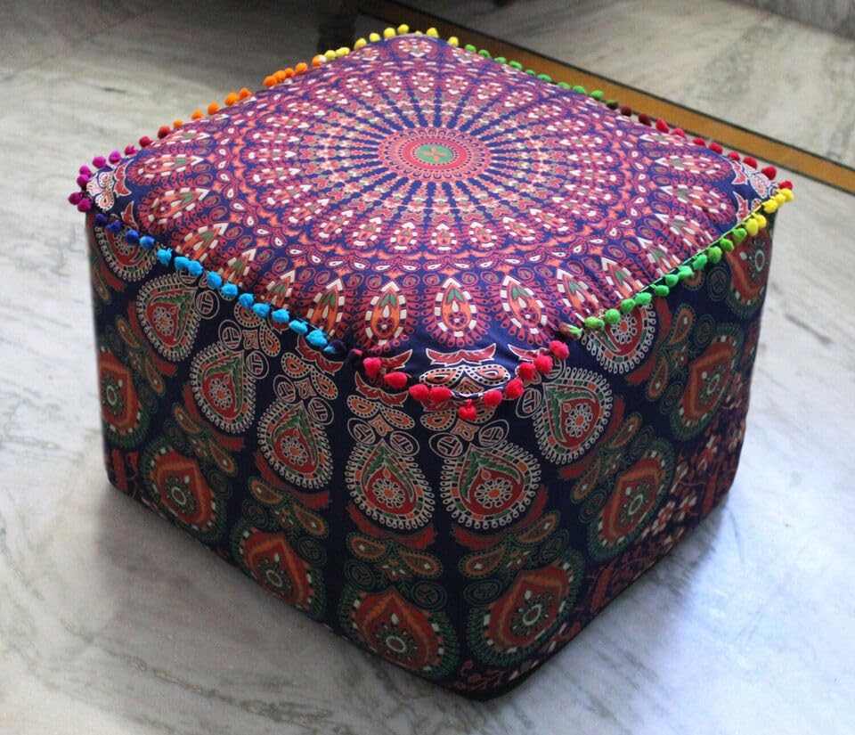 Indian Handmade Mandala | Square Ottoman Pouf Cover | Footstool Seating (Multi Peacock Mandala, 22x22x14)