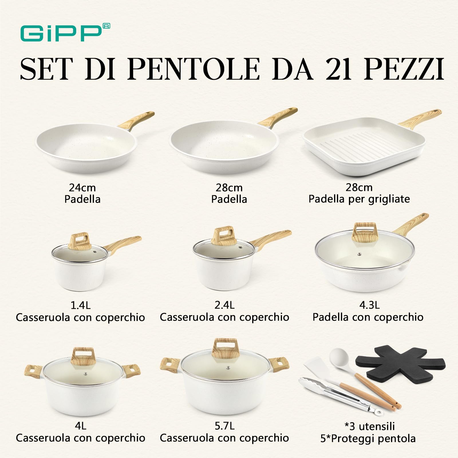 GiPP Set di Pentole e Padelle con Rivestimento Antiaderente - 21 Pezzi Induzione Set di Pentole Con Spatola Cucchiaio, Atossico, Adatto a Diversi Tipi di Fornelli