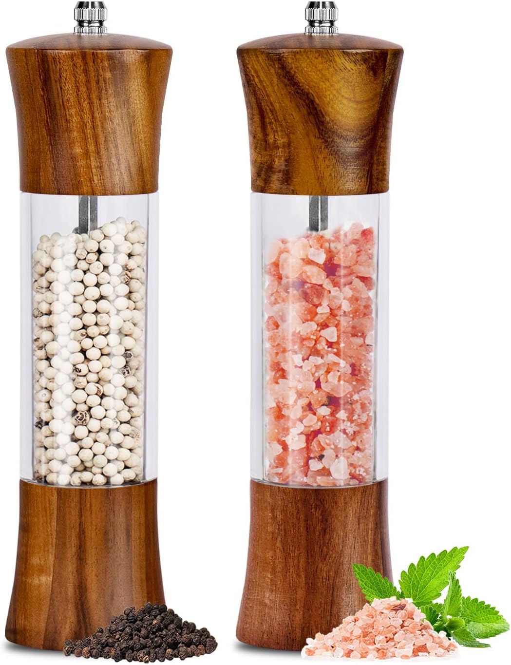 XWXO Acacia Wood Premium Acrylic Salt and Pepper Grinder Set 8 Inches Salt and Pepper Mill Set, Manual Mills- Wooden Shakers with Adjustable Ceramic Core 2 Pack for Kitchen Home Gift