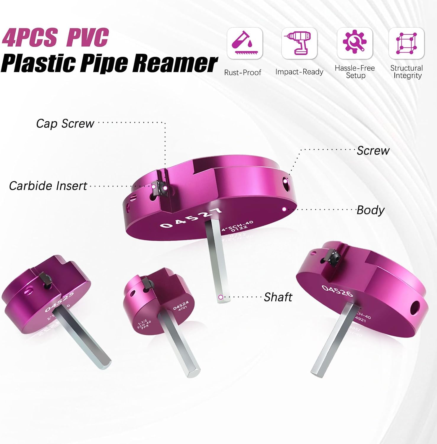 PVC Pipe Reamer Kit 4 PCS 1-1/2", 2", 3", 4" for SCH 40 PVC CPVC ABS, High Hardness Carbide & Heavyduty Aluminum Reamer Tool 3/8" Hex Shaft Fits 1/2" Drills for Exhaust Drain Water Pipe