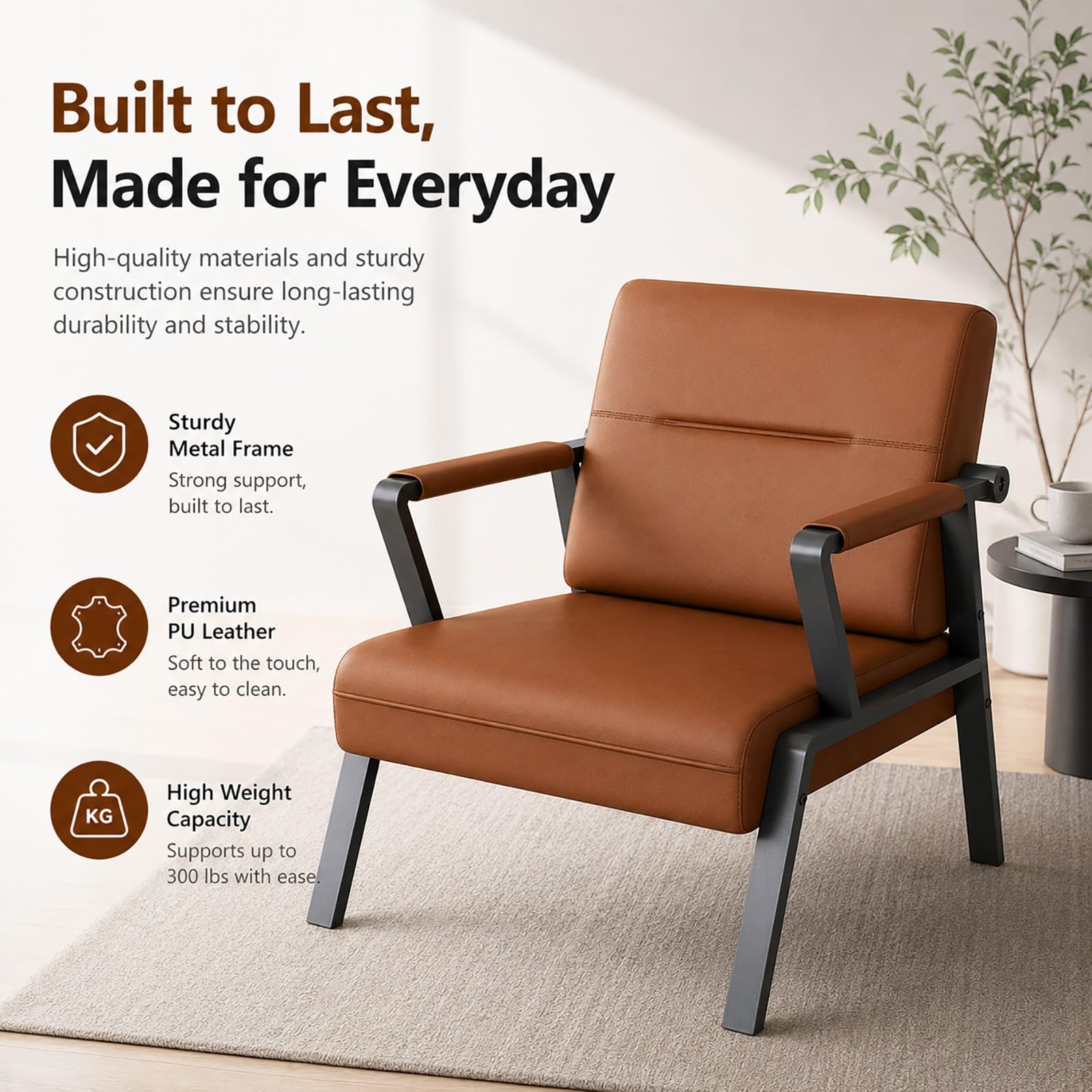 Moderner Sessel mit PU-Leder und Metallgestell, komfortabler Stuhl für Wohnzimmer, Büro, Wartezimmer, Schlafzimmer & Leseecke