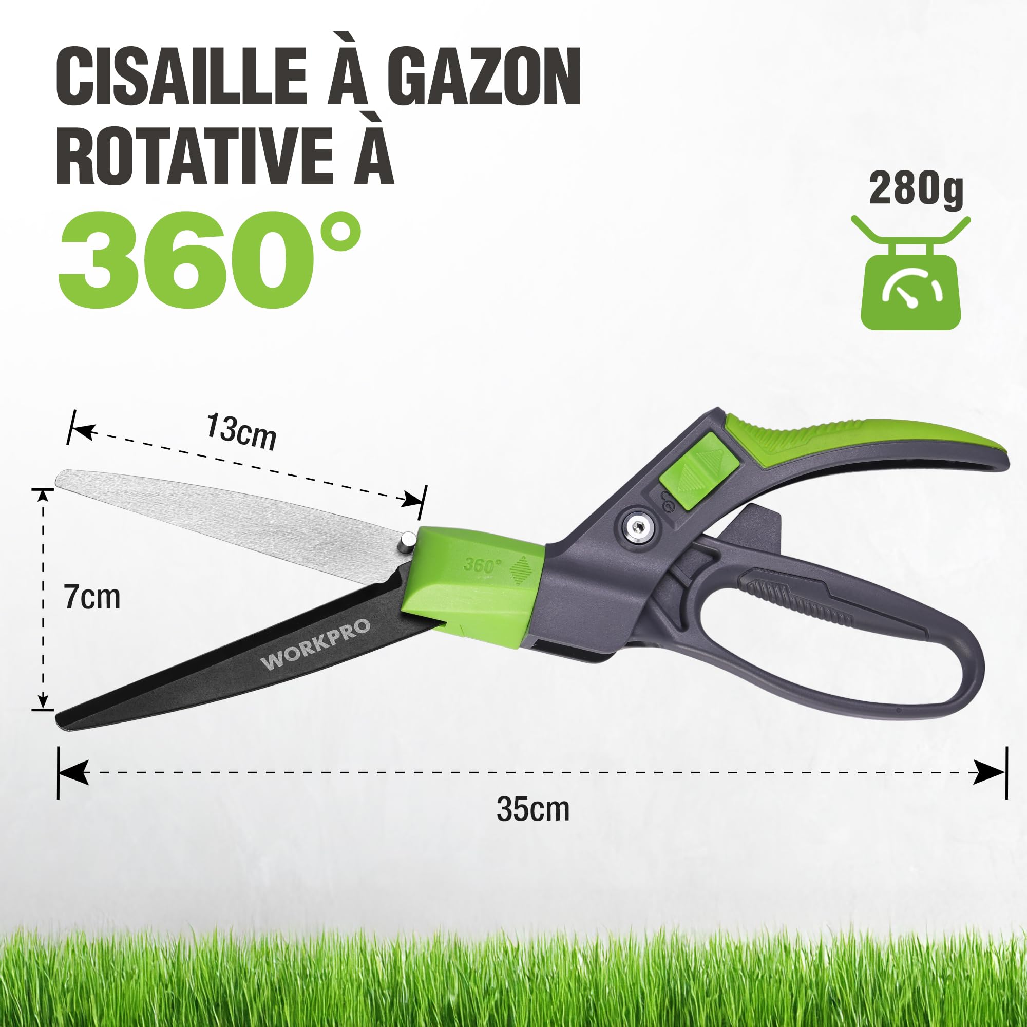 WORKPRO Cisaille à Gazon Rotative 360°, Cisaille Orientable avec Verrou de Sécurité, Poignée Ergonomique, Outil de Jardinage pour Pelouse, Plantes, Bonsaïs et Bordures