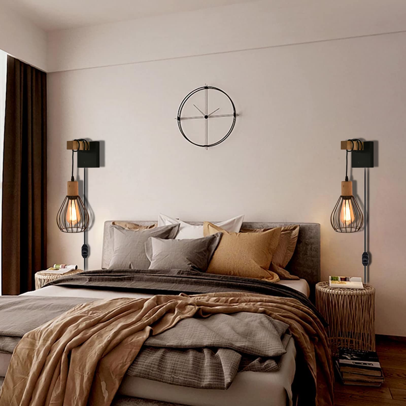 Asnxcju Apliques De Pared Enchufables, Lámpara De Pared Industrial Con Cable De Enchufe De 5.9 Pies, Jaula De Alambre, Iluminación De Pared Vintage, Lámpara De Pared Rústica Para Cabecero, Dormitorio