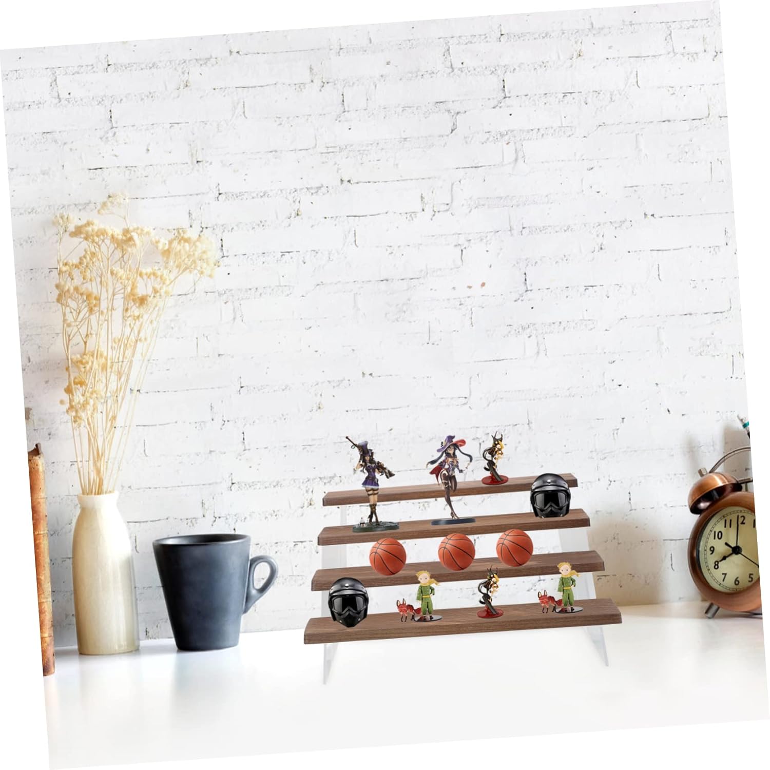 4tier Doll Toy Display Rack Solid Wood Figure Display Stand Acrylic Riser Shelf Organizing Storage Fashion and Decorative Stand