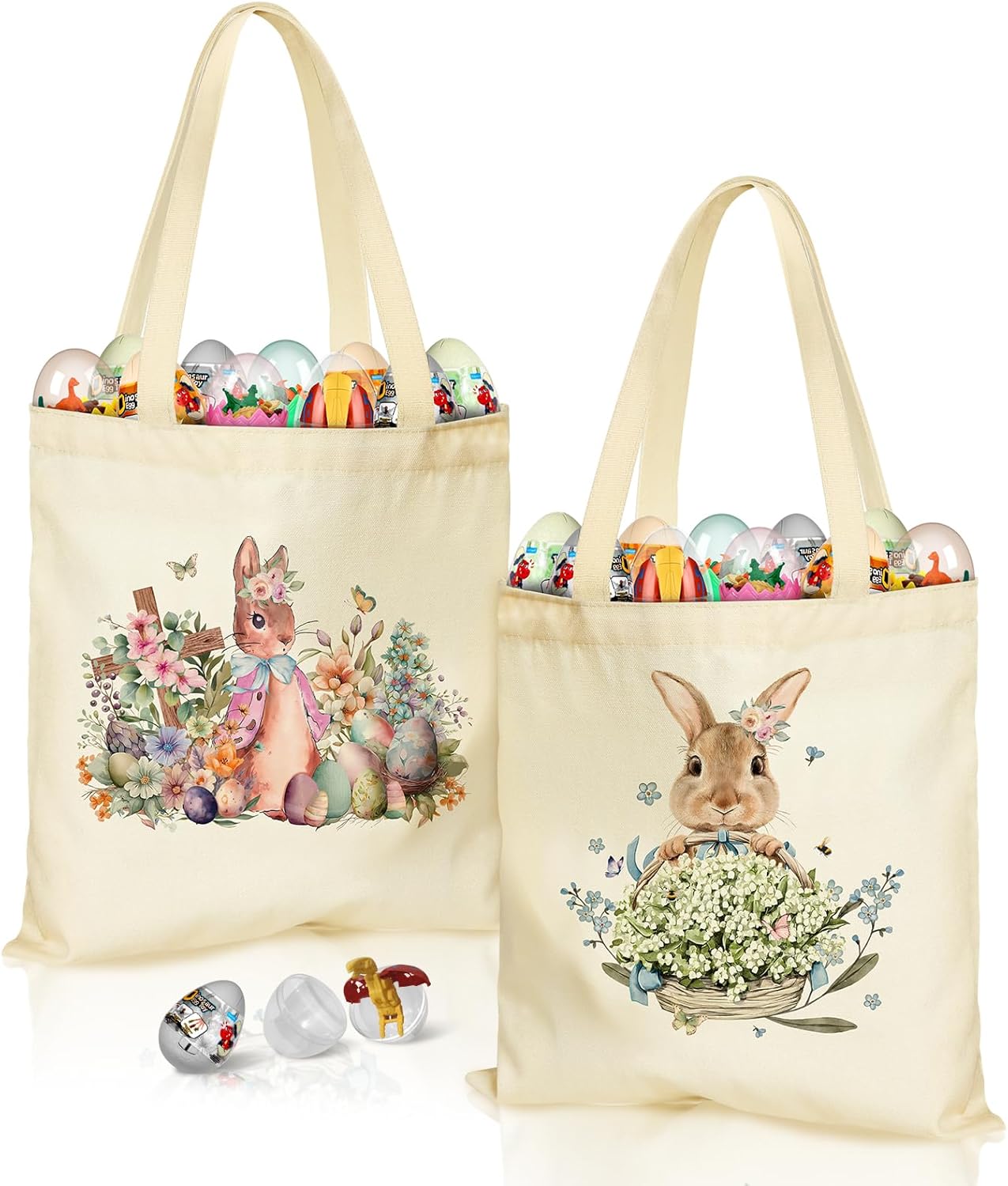 Easter Canvas Tote Bags for Kids - 2 Pack Bunny Treat Easter Canvas Bags with Handles, Perfect for Egg Hunts