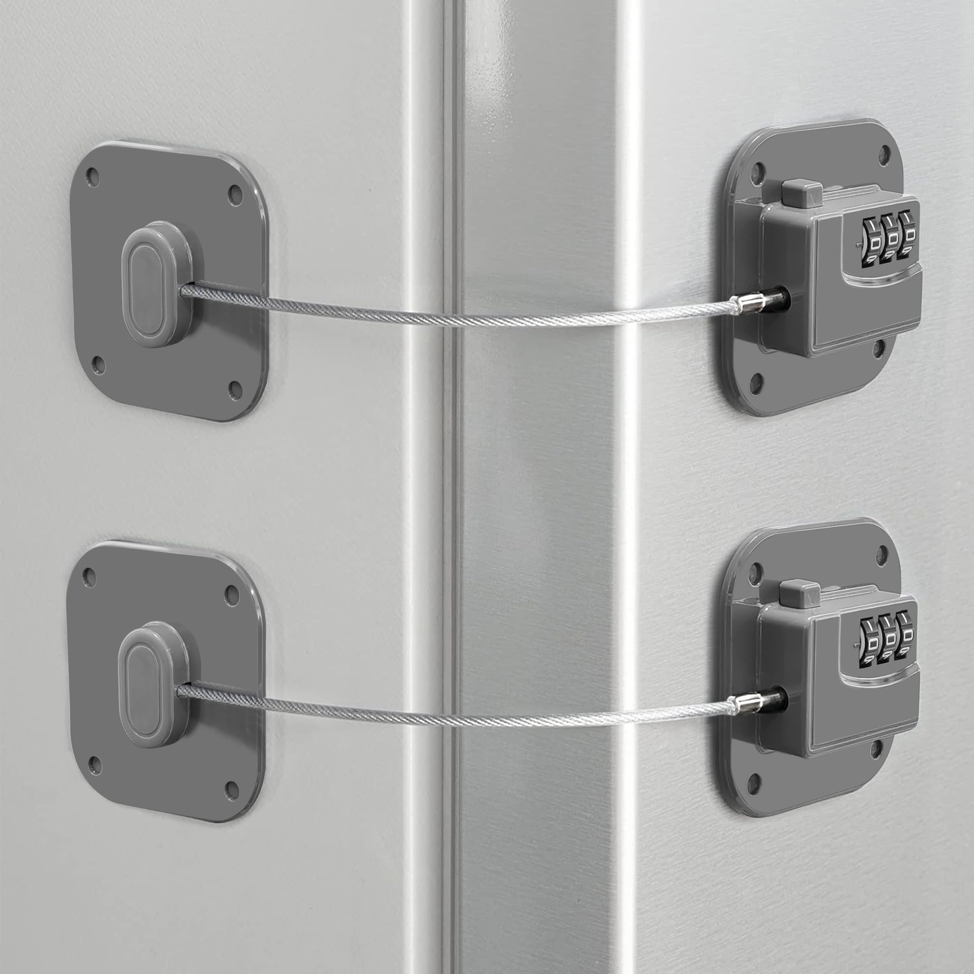 Refrigerator Lock, Heavy Duty Fridge Lock, Combination Lock for Refrigerator Cabinets, Drawers, Safety, Easy Install No Keys Needed (Grey-2Pack)