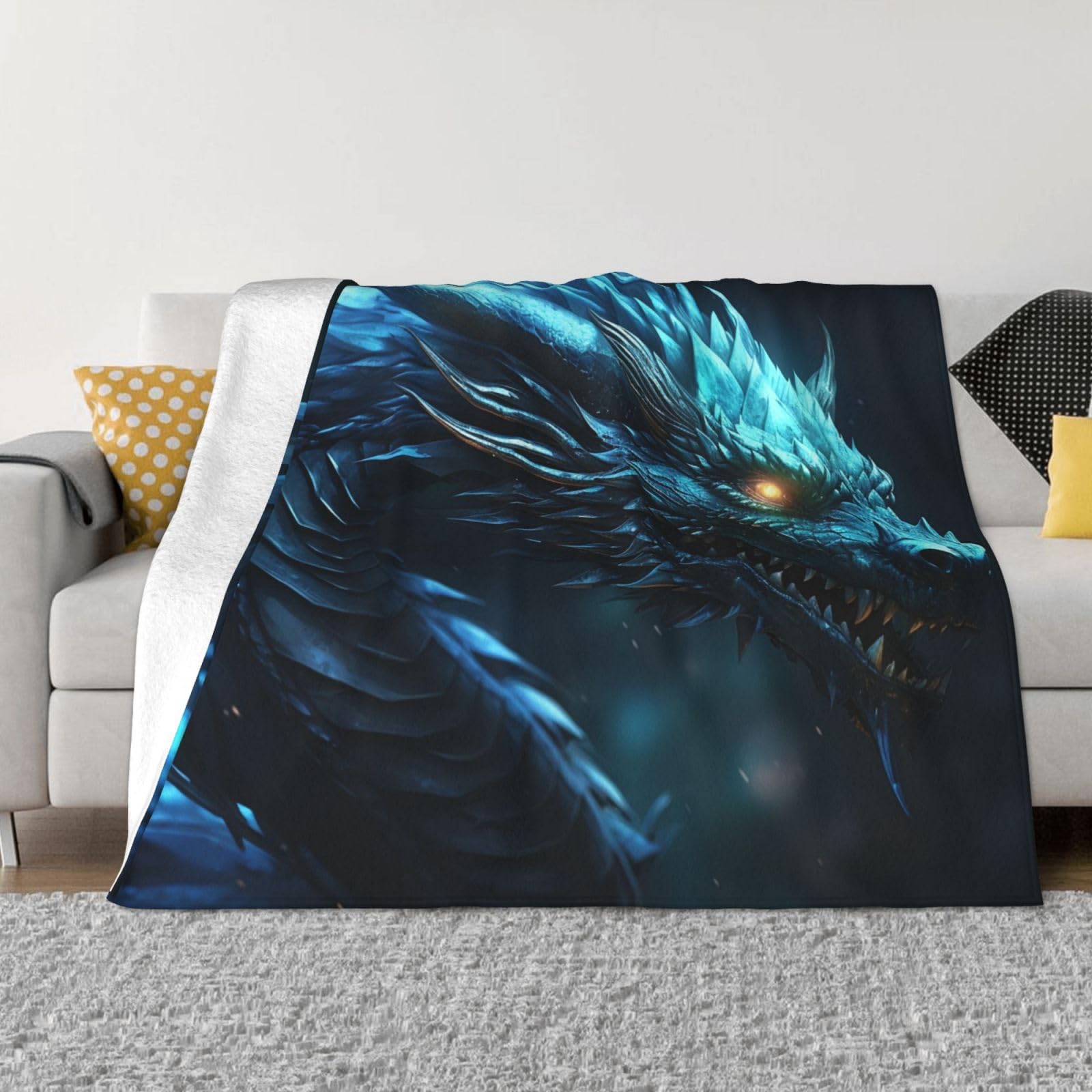 Couverture flanelle dragon cyan plaid de voyage léger toutes saisons