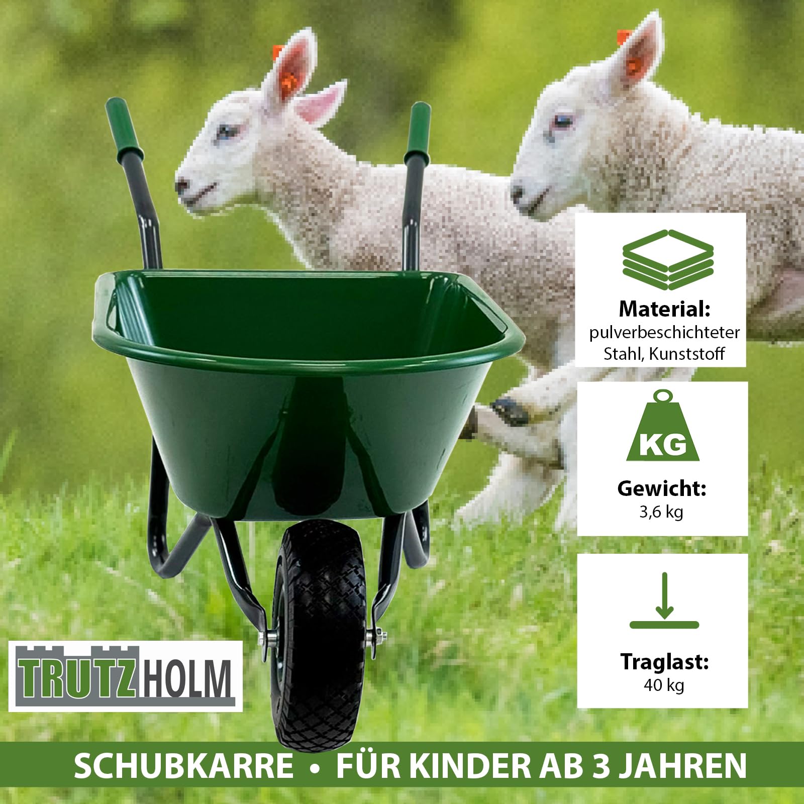 TRUTZHOLM Kinderschubkarre Uni 3,6 kg 40 kg Traglast Stahl Kunststoff grün Vollgummirad Schiebkarre Gartenkarre (Uni I grün)