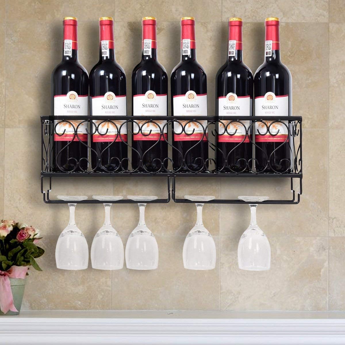 Goblet Cup Hanger Holder Shelf Wall Mounted Wine Rack with 6 Glass Holder Cork Home Kitchen Décor - Black Rack