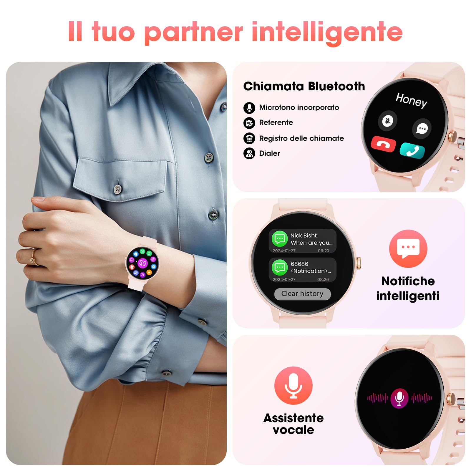 Smartwatch Uomo Donna Chiamate Bluetooth e Risposta Vivavoce, 1.39" Orologio Sport Fitness Tracker Cardiofrequenzimetro, Contapassi, Monitoraggio del Sonno, Smart Watch Compatible con Android iOS