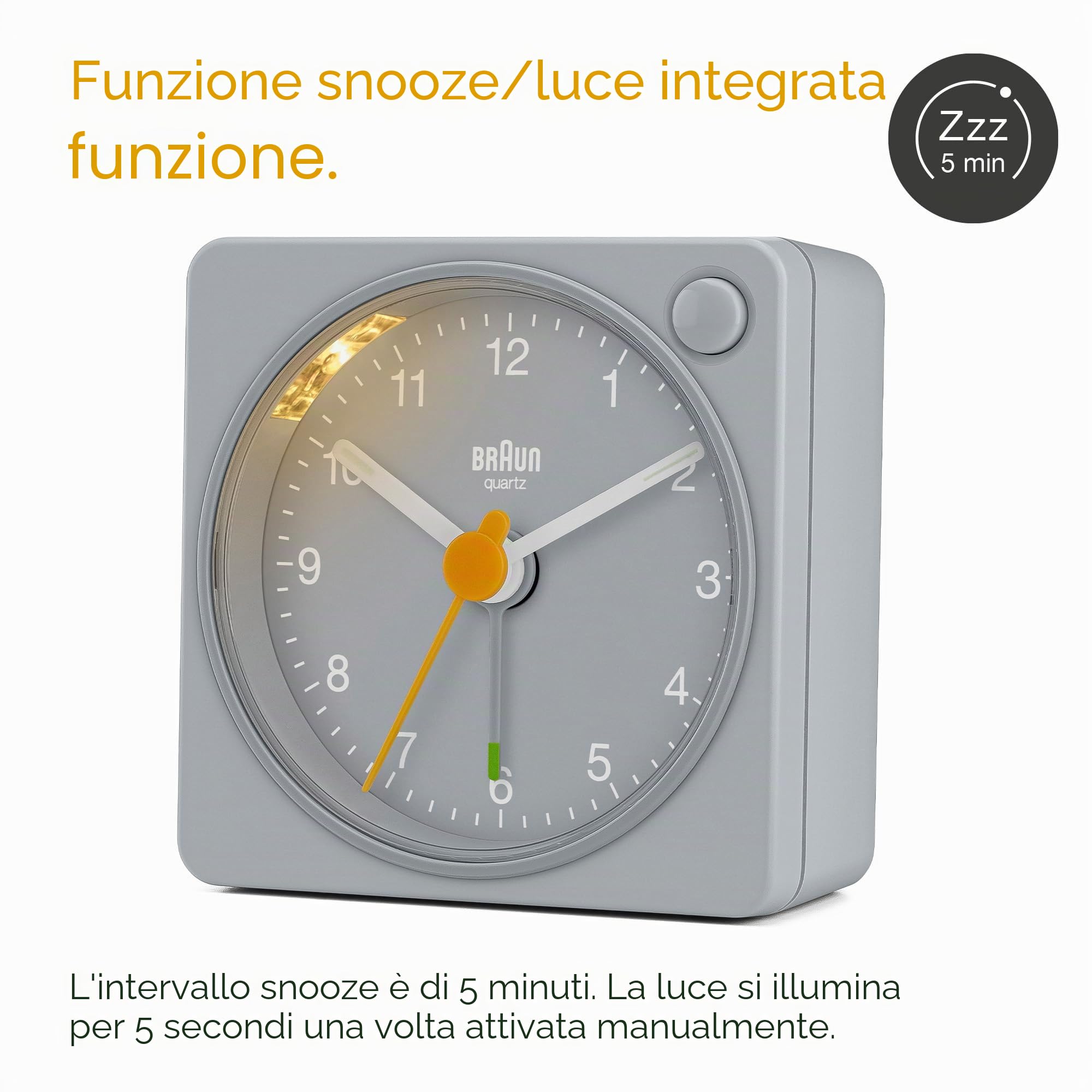 Braun Sveglia analogica Classic da viaggio con snooze e luce, dimensioni compatte, movimento al quarzo silenzioso, allarme sonoro in crescendo, grigio, modello BC02XG.