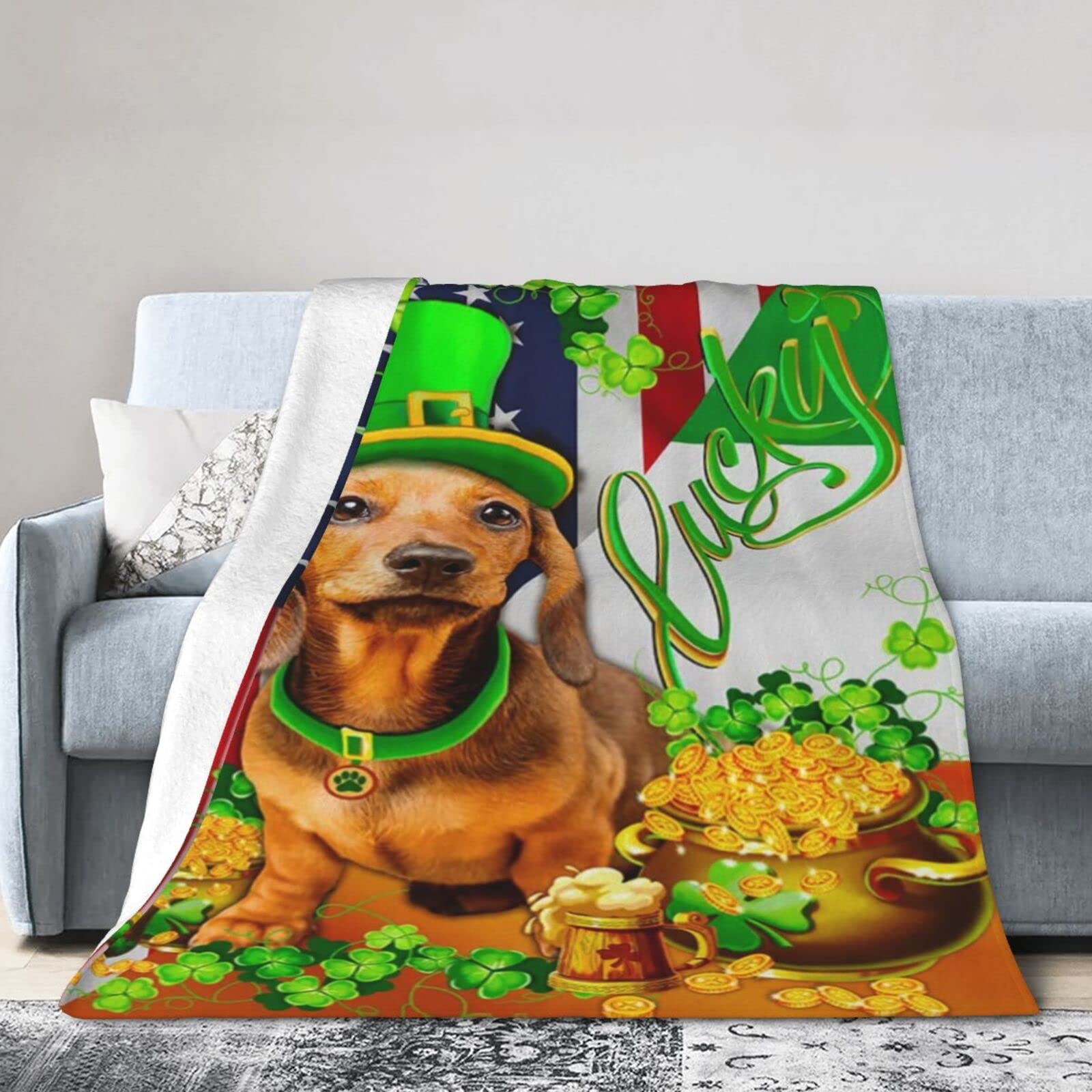 Lsjuee Christmas Flannel Fleece Blanket 50"X40" Yellow Dachshund Happy St. Patrick‘s Day Sofa Throw Blanket Weighted Ultra-Soft Travel Winter Blankets for Womens Keep Warm