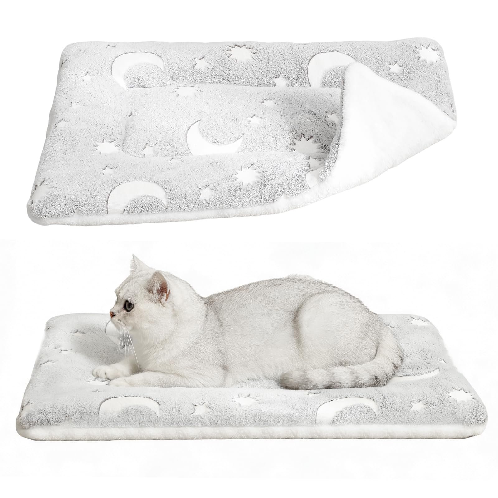 AMYLALA 2-Pack Extra Large Self Warming Cat Bed Mat - 45x60cm (18"x24") Ultra Thick 5cm Thermal Pet Pad with Dual-Sided Design, Machine Washable for Indoor Outdoor Cats & Puppy Use Grey Stars Moon