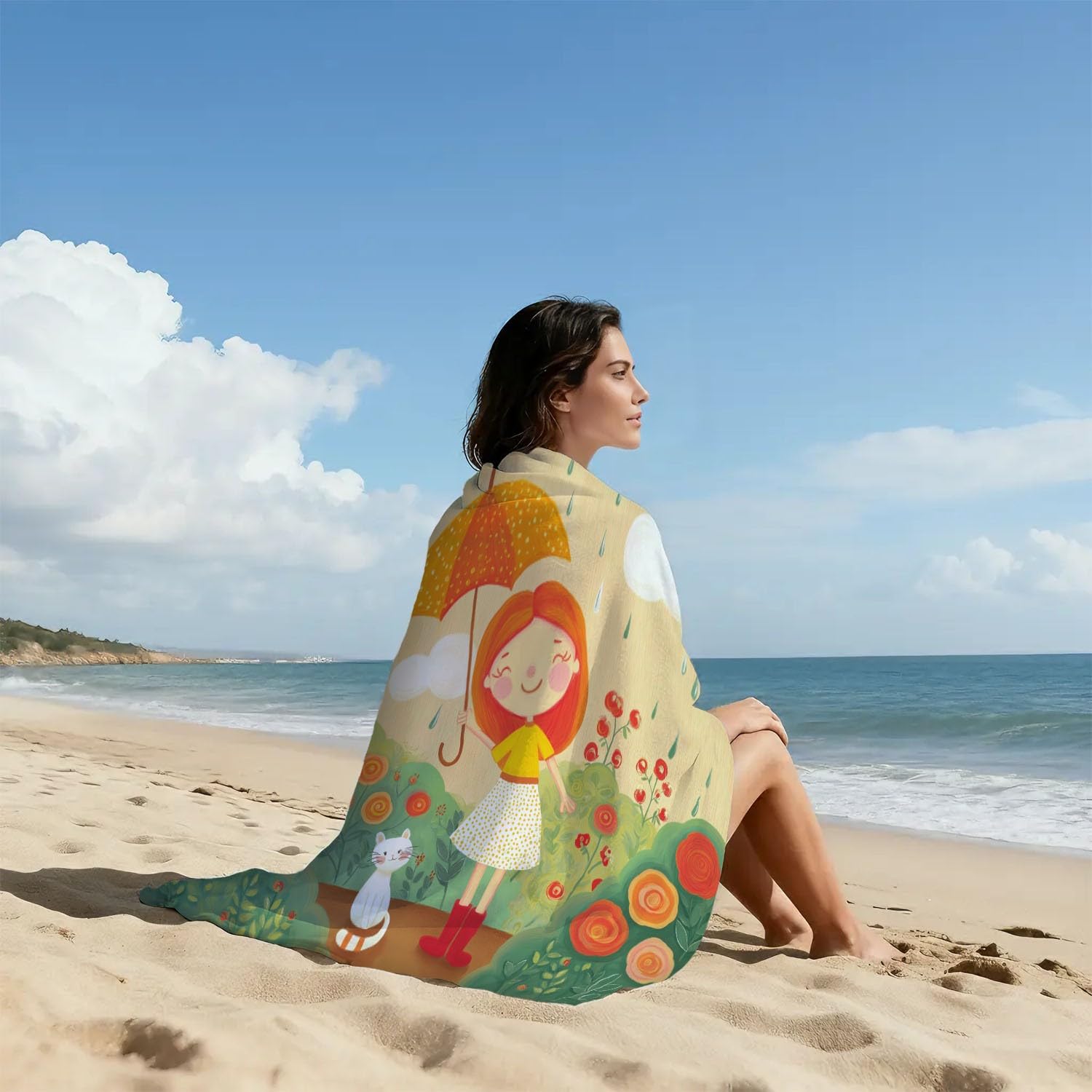 Grande Serviette de Plage 180 x 100 CM,Drap de Plage Microfibre,Couverture de Plage Absorbante Rapide pour Fille Campagne Anglaise Chat Blanc Rose Conte Fées Romantique Jardin Anglais Cottage