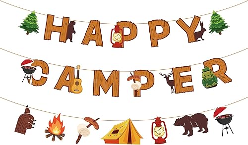Cartel de fiesta de campamento Happy Camper Banner divertido para casa con tienda de campaña de fogata lámpara de aceite Aventura Camping Decoración