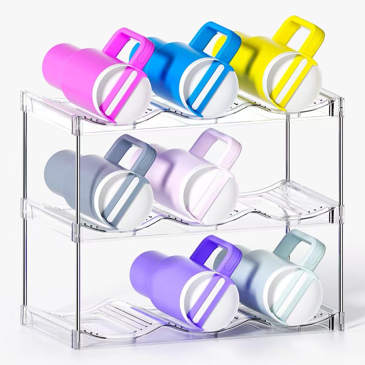AWGOU Stackable Water Bottle Organizer for Cabinet, Bottle and Other Tumbler Organizer for Kitchen Cabinets,Clear Stackable Water Bottle Holder and