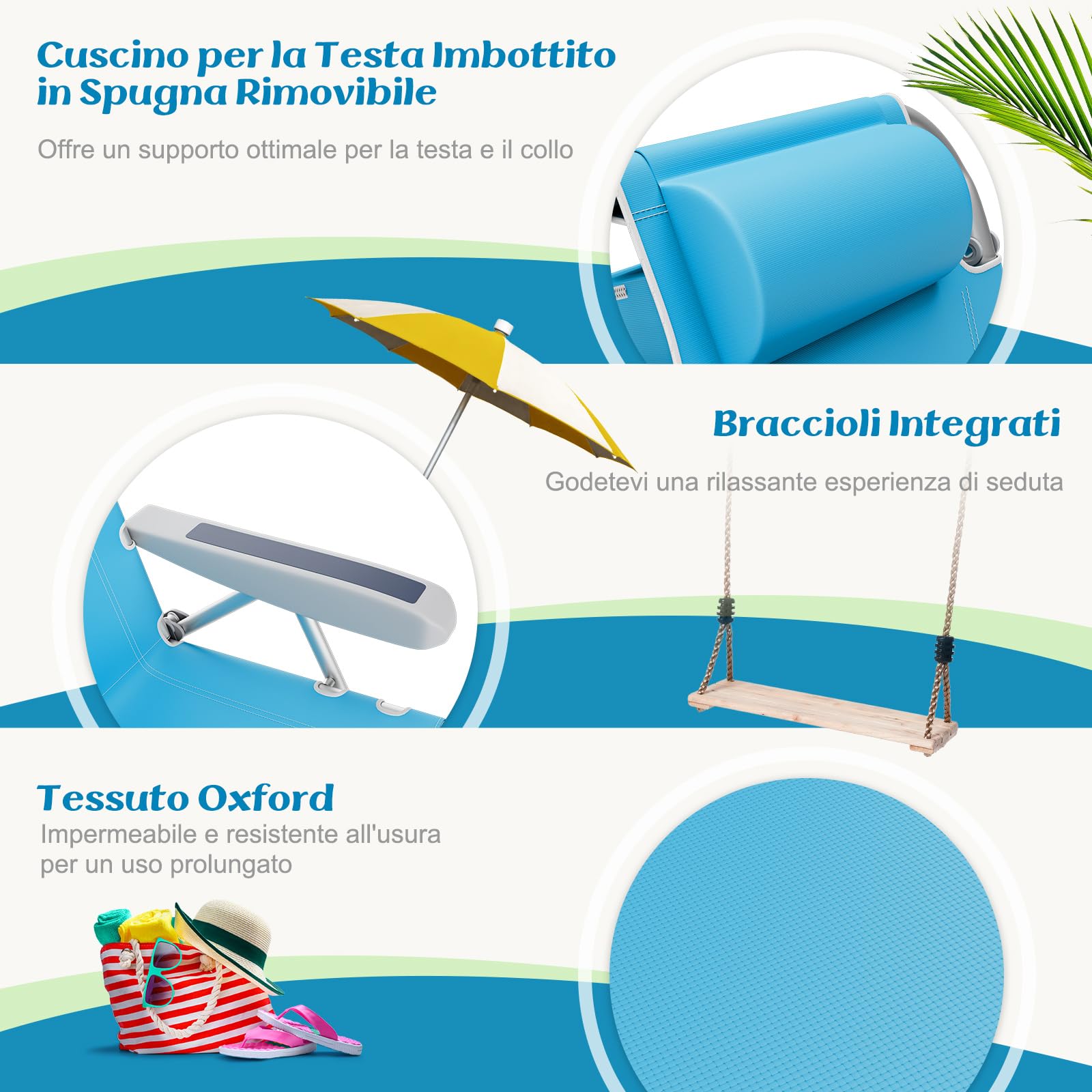 COSTWAY Set di 2 Sedie da Spiaggia, Sdraio Pieghevole a 5 Posizioni con Portabicchieri, Poltrona da Spiaggia con Cuscino per Testa e Zaino, Sedia da Campeggio Portatile, Portata 150 kg (Azzurro,2)