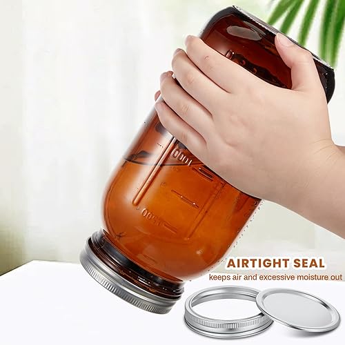 Miniatura 10 de Juego de 6 tarros de vidrio ámbar de 64 onzas, tarros de vidrio para conservas de ámbar en relieve, tarros de fermentación de medio galón con tapas