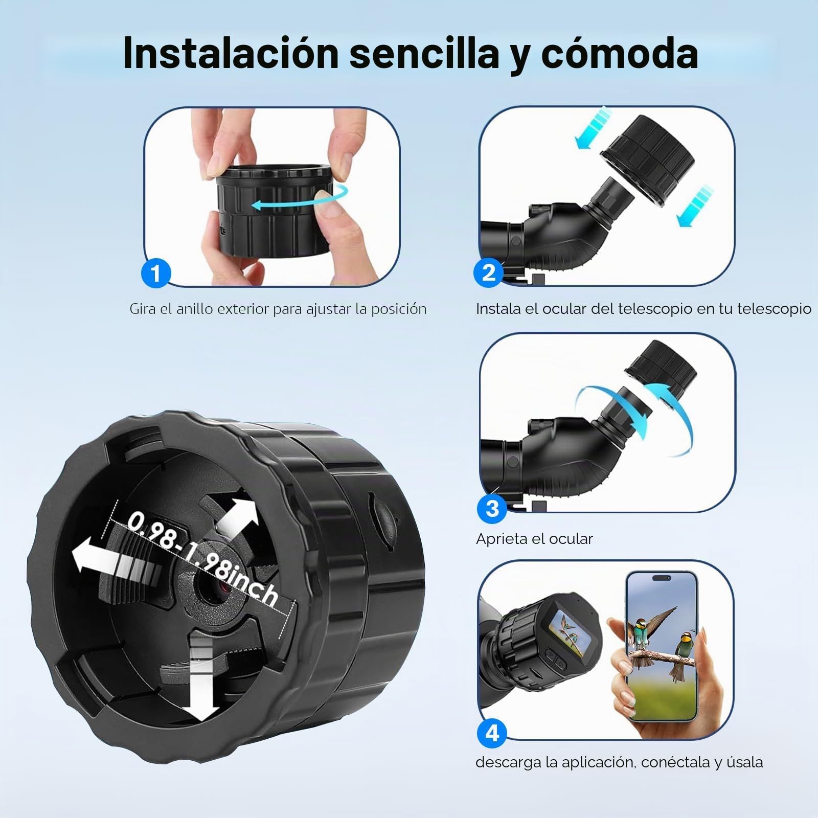 Cámara ocular electrónica WiFi, telescopio digital inalámbrico de 1.5 pulgadas con grabación de video HD 1080P para telescopios monoculares de 28 mm-50 mm, telescopios astronómicos