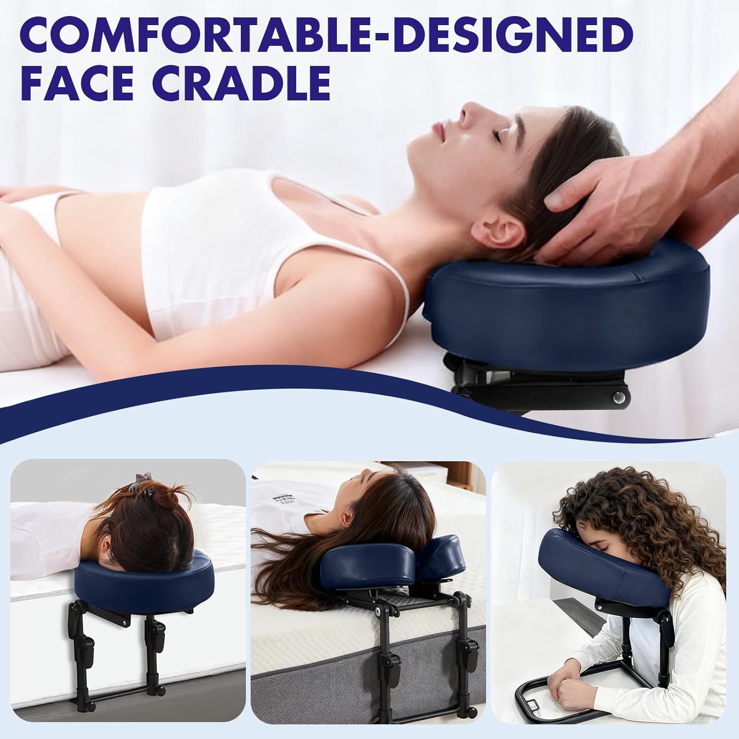 Massage Headrest for Bed with Leather Pillow, Includes Face Pillow Cradle and Cushion Support Bracket, Adjustable Headrest Face Cushion Massage Table or After Eye Surgery at Home Blue