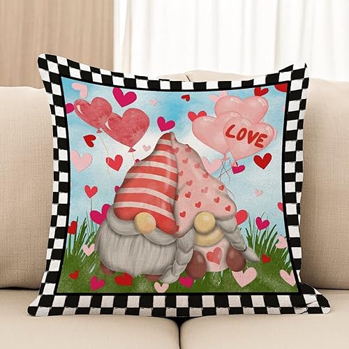 Miniatura 3 de Cojín de almohada rosa para regalo de San Valentín, funda de almohada de gnomo para el día de San Valentín, a cuadros negros, globos de corazón