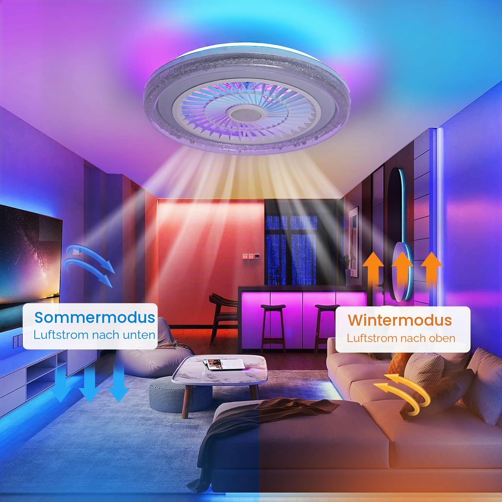 50cm RGB Deckenventilator mit Beleuchtung Musik Lautsprecher Deckenlampe | Fernbedienung und APP Dimmbar, Bluetooth Decken Lampe mit Ventilator Umkehrbar Leise für Schlafzimmer Kinderzimmer