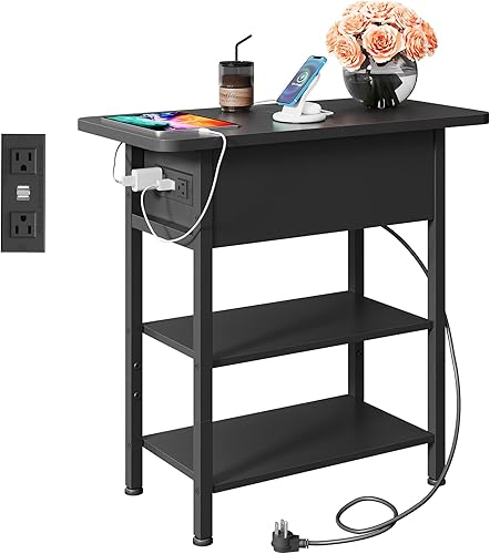Miniatura 11 de WLIVE Mesa auxiliar con estación de carga, mesa auxiliar estrecha con tapa abatible y estante de almacenamiento, mesita de noche pequeña con puertos