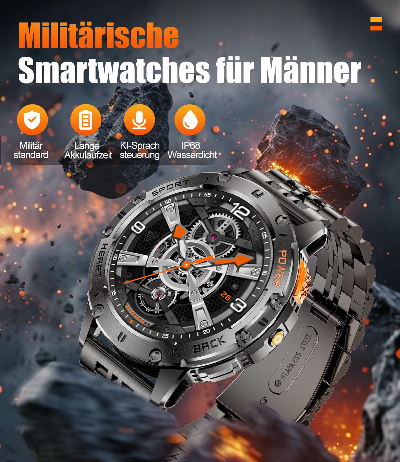 ESFOE Smartwatch Uomo, 1.43" AMOLED Smartwatch Militare Uomo Fitness con Chiamate Bluetooth Orologio Intelligente Impermeabile 5ATM/120 Modalità Sportive/530mAh/Torcia/Cardiofrequenzimetro, Mezzanotte