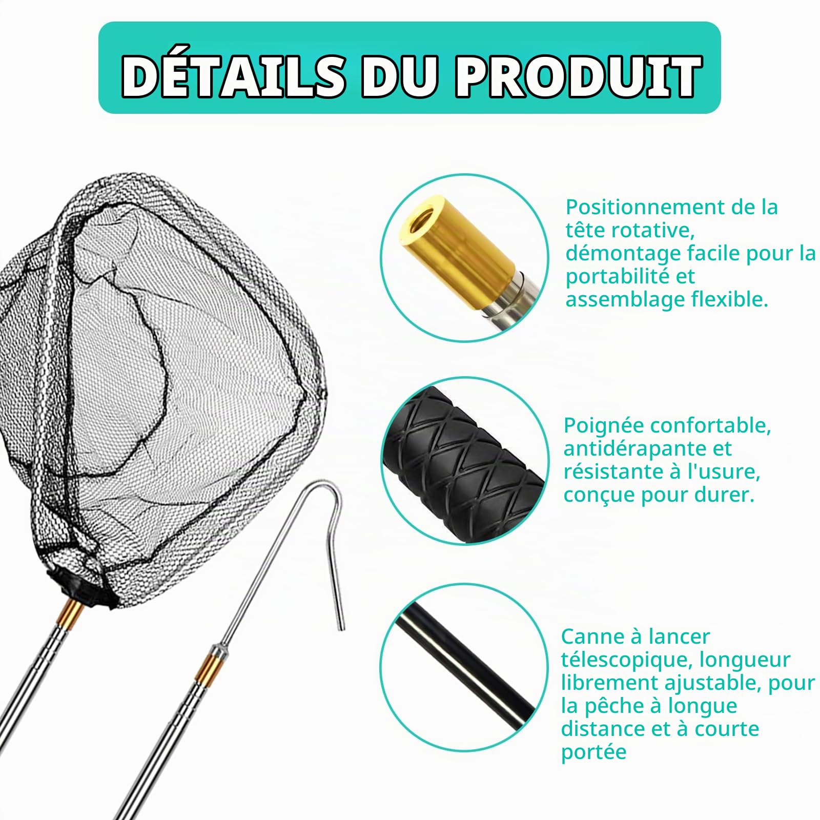 Filet de Pêche Rétractables pour Volailles Attrape-Poulet Rétractable Kit 2 en 1 avec Crochets et Filêt de Pêche pour Volailles Kit de Filet de Peche évolutif pour Volaille Oiseaux Poissons