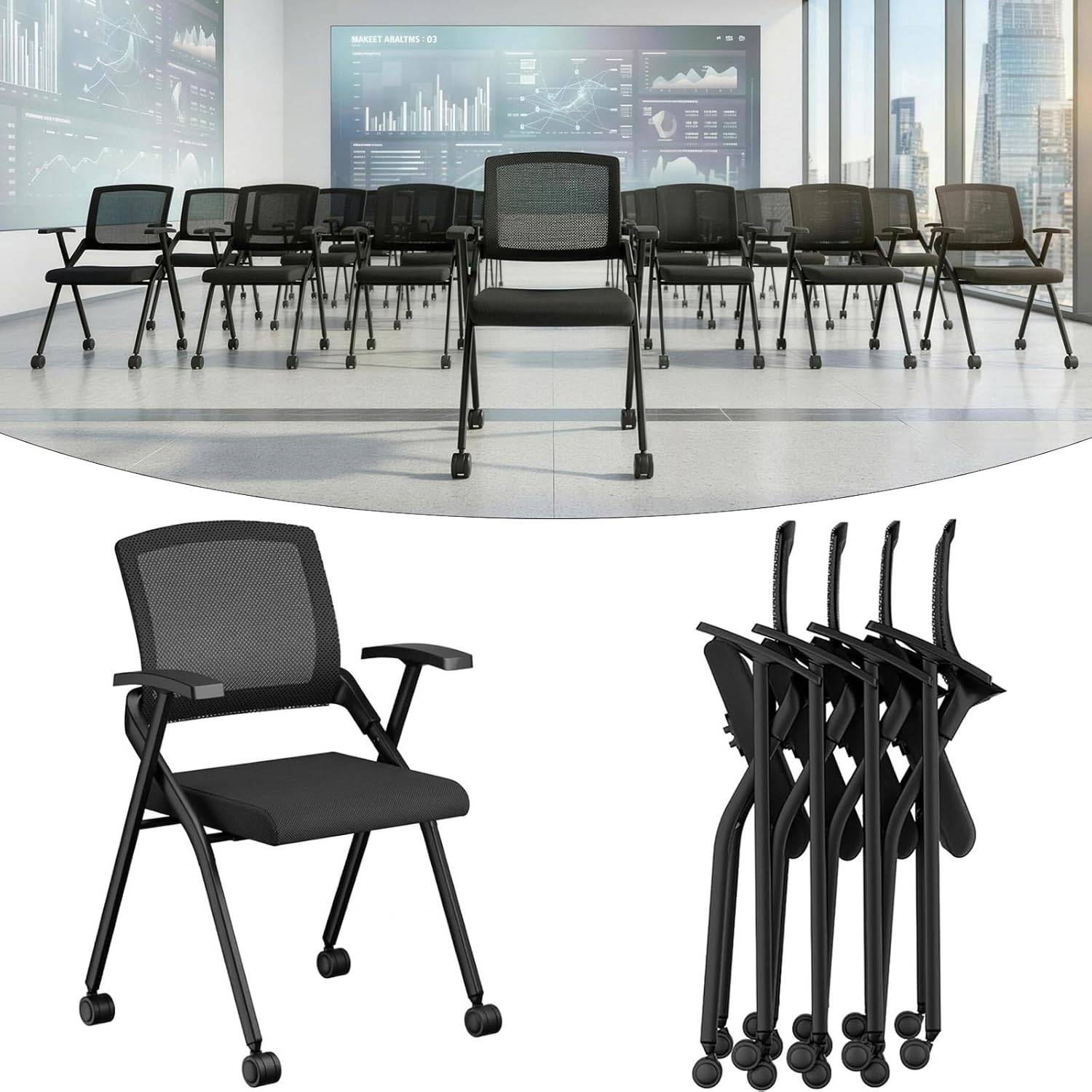 2 Pack Folding Office Chair with Wheels, Heavy Duty Conference Room Chairs with Mesh Back, Nesting Training Chair for Home Office, Waiting Room and Guest/Reception Seating (2, with Wheels)
