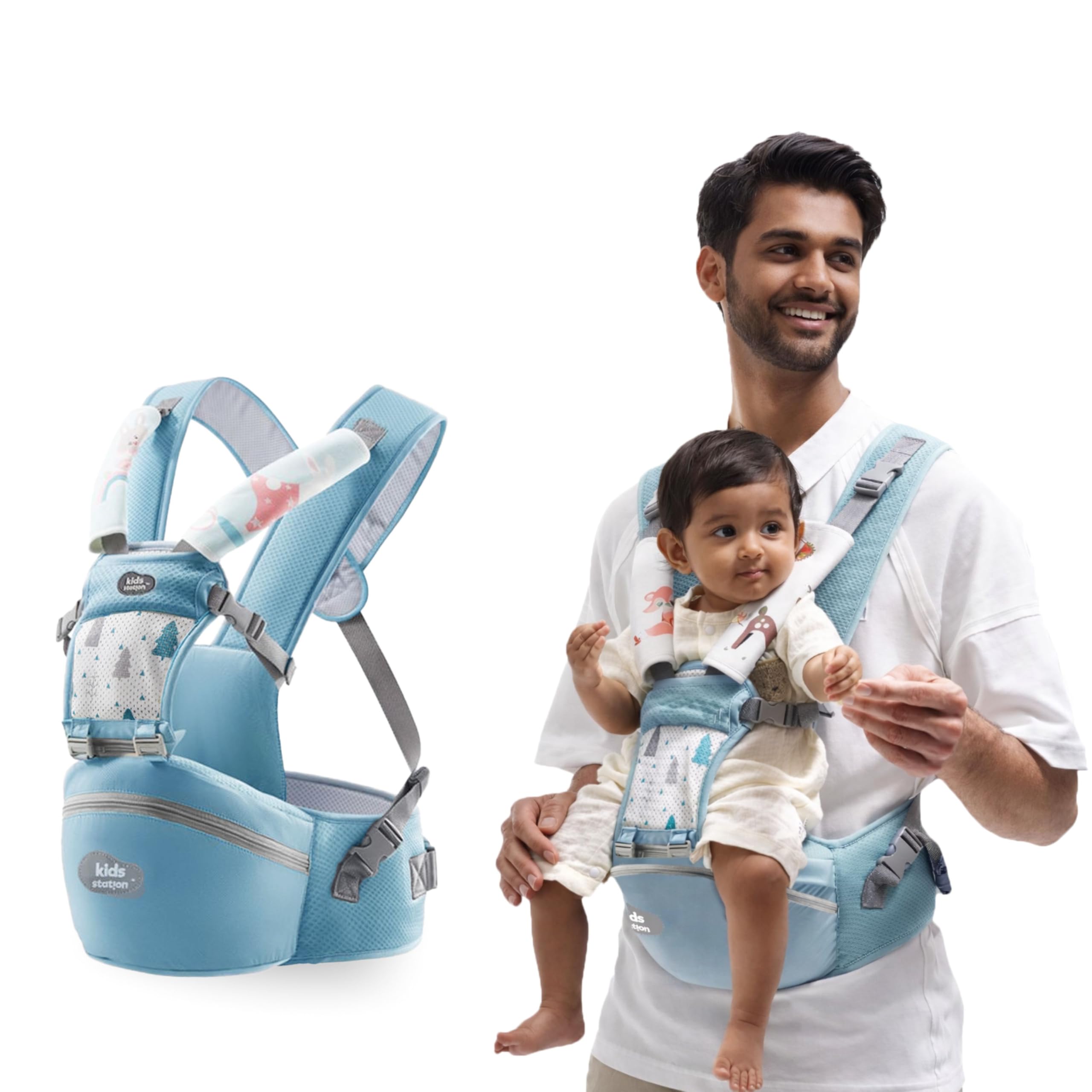 Kids Station Baby Carrier with 4 Carry Positions, Baby Carrier with Hip seat for 6 to 24 Months Baby, Adjustable New-Born to Toddler Carrier, Max Weight Up to 15 Kgs (Light Blue, Ergo Baby)-image-44